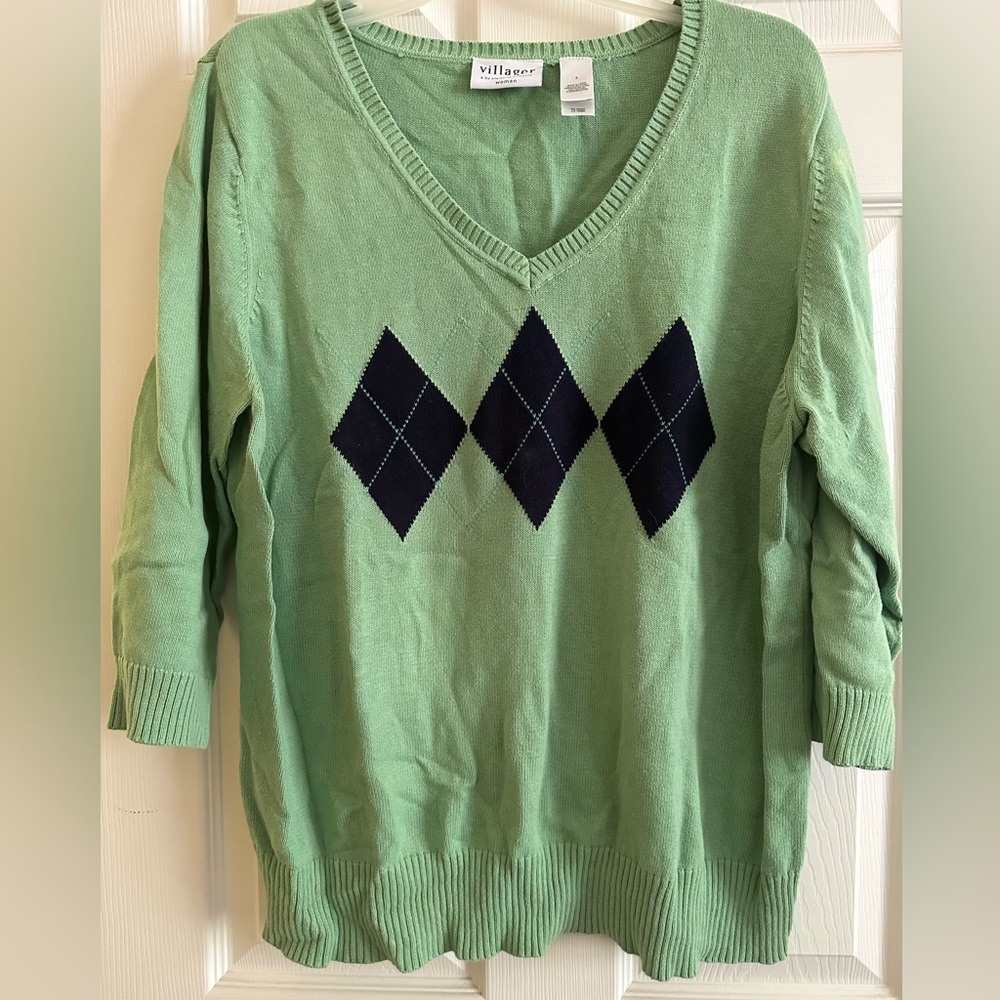 Liz Claiborne Villager Woman’s Sweater in size 2x. Blue & Green argyle.